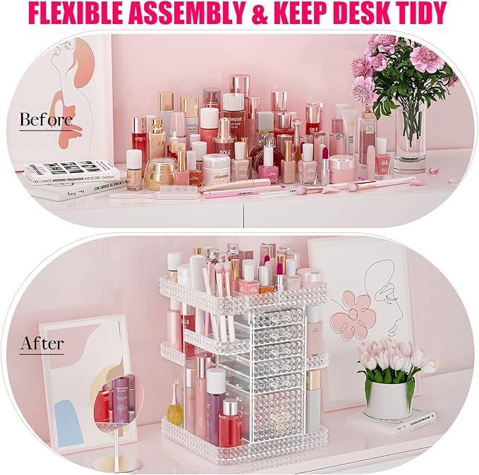 Rotating Makeup Organizer with 6 Drawers[New Updated],DIY Adjustable Make up Organizers and Storage Different Types of Cosmetics and Jewelry,Spinning Perfume Organizer (Plus Size-Clear)