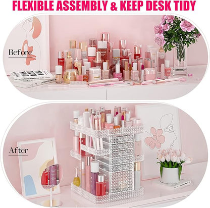 Rotating Makeup Organizer with 6 Drawers[New Updated],DIY Adjustable Make up Organizers and Storage Different Types of Cosmetics and Jewelry,Spinning Perfume Organizer (Plus Size-Clear)