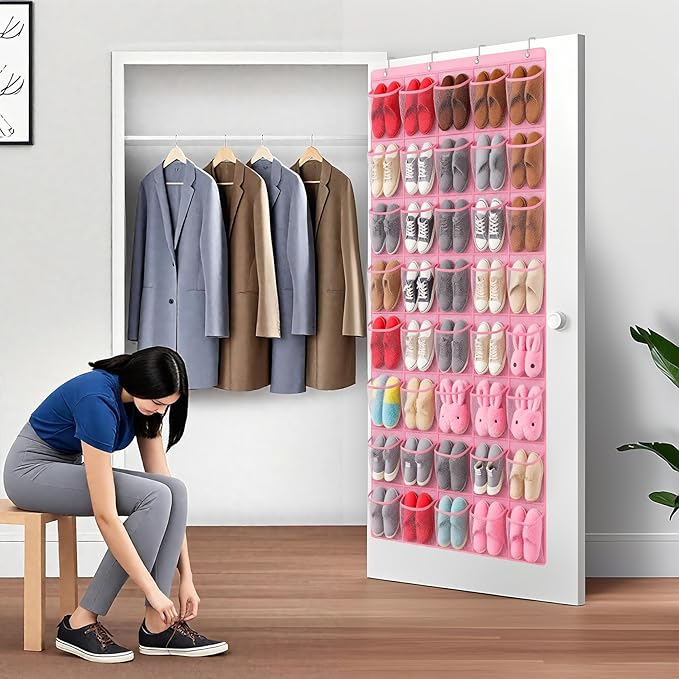 40-Pocket Over the Door Shoe Organizer - Large Mesh Pocket Hanging Shoe Organizer,Behind the Door Shoes Storage Holder Hanger (Pink)