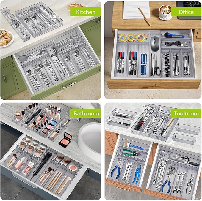 Neudeco Drawer Organizer Set 6 Pack - 5-Compartment Silverware Organizer Tray + 5 Utensil Trays, Kitchen Drawer Organizer for Flatware, Cutlery, Office Supplies, Silver Mesh, Non-Slip