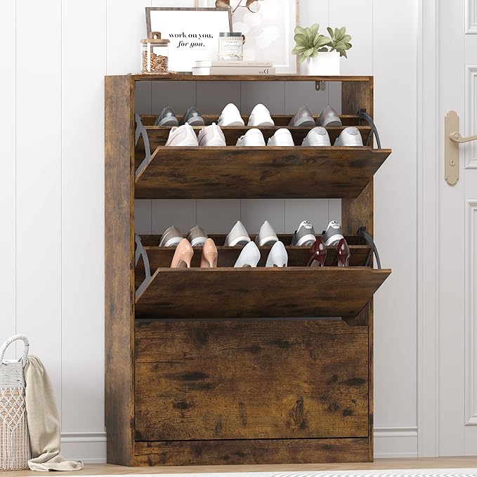 Shoe Storage Cabinet for Entryway, Brown Shoe Cabinet with 3 Flip Drawers, Hidden Shoes Rack Freestanding Storage Organizer for Entryway,Closet, Living Room,Hallway 47.24"H × 31.50"W × 9.44"D