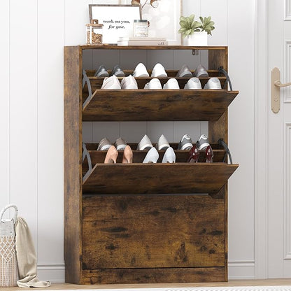 Shoe Storage Cabinet for Entryway, Brown Shoe Cabinet with 3 Flip Drawers, Hidden Shoes Rack Freestanding Storage Organizer for Entryway,Closet, Living Room,Hallway 47.24"H × 31.50"W × 9.44"D