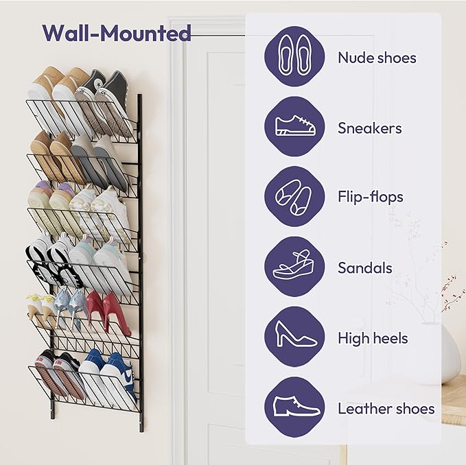 SWTYMIKI Over The Door Shoe Organizer - Adjustable 6 Tier Hanging Shoe Rack Organizer, Metal Heavy Duty Behind Door Storage or Wall Mount Shoes Shelf for Flats, Heels, Sneakers, Boots