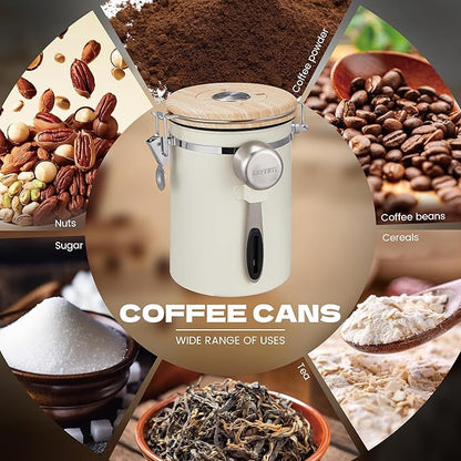 Coffee Canisters with Window,Scoop and Airtight Lid Stainless Steel Kitchen Bean Storage Grounds Container Date Tracker and Scoop for Grounds Coffee Bar Accessories (Cream+window, 22 oz)