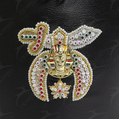 Premium Masonic Shriner Fez Hat Case Black Leather – Dual Emblems Front & Top (Rhinestones Hand Embroidery) with Shoulder Strap