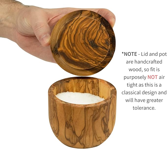 Tramanto Olive Wood Salt Pot - Rustic Wooden Cellar and Pinch for Salts with Lid - 3.5 Inch Wide