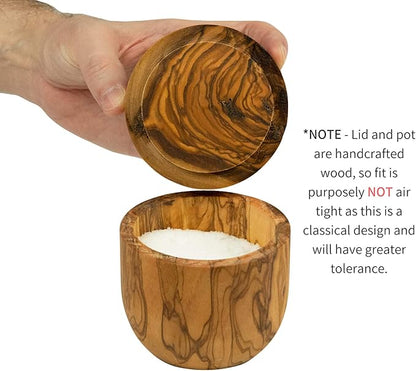 Tramanto Olive Wood Salt Pot - Rustic Wooden Cellar and Pinch for Salts with Lid - 3.5 Inch Wide