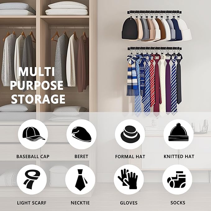 Hat Rack for Wall Baseball Cap Set of 2, Metal Hat Hanger with Steel Clips, Wall Mount Cowboy Hat Storage Display Sock Scarf Organizer for Door Closet Entryway Bedroom