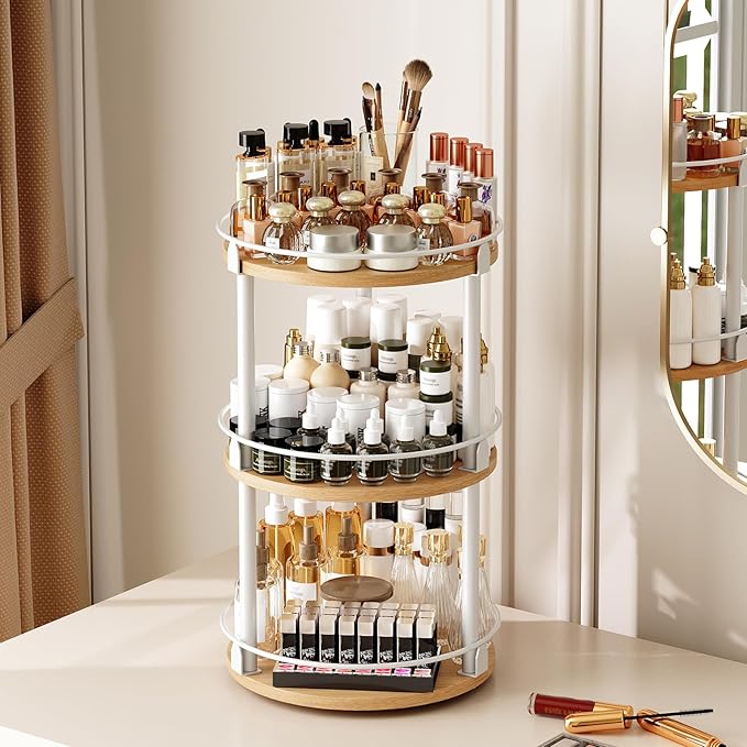 YATINEY 3-Tier Lazy Susan Organizer, Rotating Spice Rack, Spinning Organizer, Industrial Turntable Spice Rack Organizer for Cabinet, Kitchen Countertop, Pantry, White and Natural SR23WN
