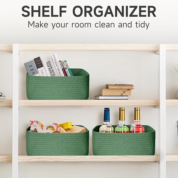 3-Pack Shelf Baskets for Organizing, Closet Organizer Bins, Small Woven Baskets, Rope Toy Basket, Storage Basket for Shelves, Cube Decorative Box, 11.8×7.8×5.1”, Green