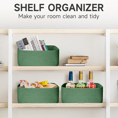 3-Pack Shelf Baskets for Organizing, Closet Organizer Bins, Small Woven Baskets, Rope Toy Basket, Storage Basket for Shelves, Cube Decorative Box, 11.8×7.8×5.1”, Green