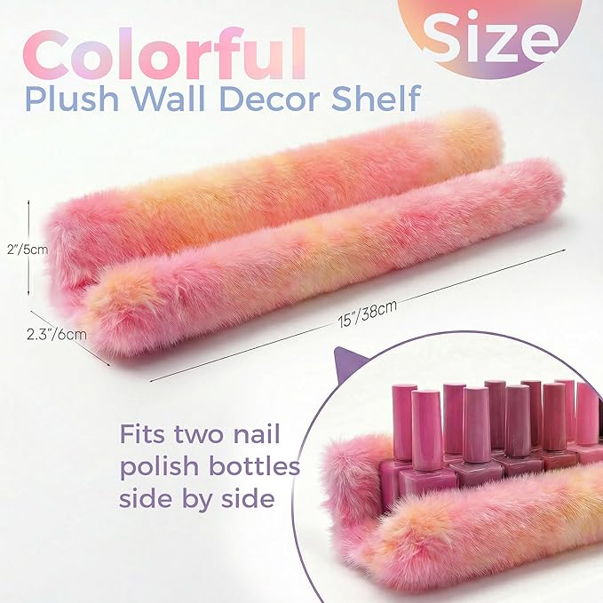 Fuzzy Orange Nail Polish Rack Wall Mounted Makeup Organizer, Soft Plush Decorative Floating Shelf for Lipstick, Skincare, Collectibles, Playful Room Decor for Girls, Vanity Storage for Bedroom Salon