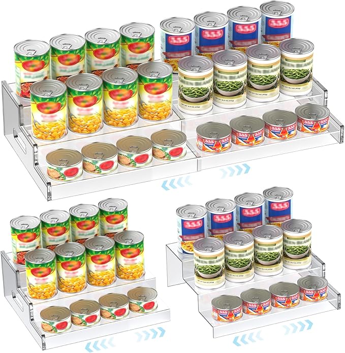 Yecuip Expandable Can Rack Organizer for Pantry, 3-Tier Adjustable Can Storage Holder, Holds Up to 24 Cans, Acrylic Canned Food Organizer for Cabinet, Countertop, Kitchen