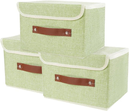 Large Storage Bin with Lid Storage Boxes,Collapsible Linen Storage Basket Container with Lid Storage Cube for Organizing Closets,3 Pack(Green)