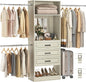 Unikito 48" W - 96” W Closet System with Mirror, 8FT Walk in Closet Organizer with Drawers and 3 Extendable Hanging Rod, Sturdy Wood Clothing Garment Rack with 25” Tower, Max Load 1000 LBS, White Oak