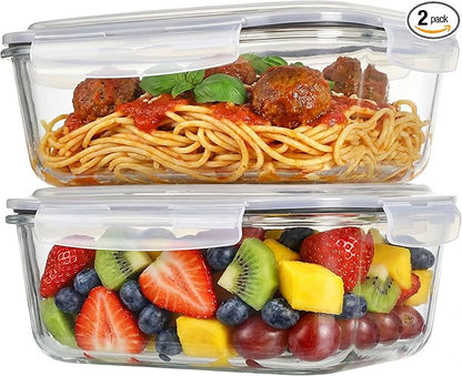 2 Pack 63oz Large Glass Storage Containers with Lids Big Meal Prep Food Container Set for Storing food, vegetables or fruits, BPA Free, Freezer Dishwasher Oven Safe (gray)