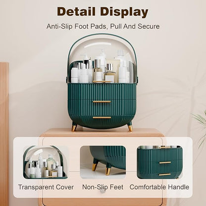 lurcns Makeup Organizers and Storage Make up Organizer for Vanity Cosmetics Skincare With Lid and Drawers Display Cases for Countertop Bathroom Women Teenager Girl Gifts(Dark Green+Brush Holder)