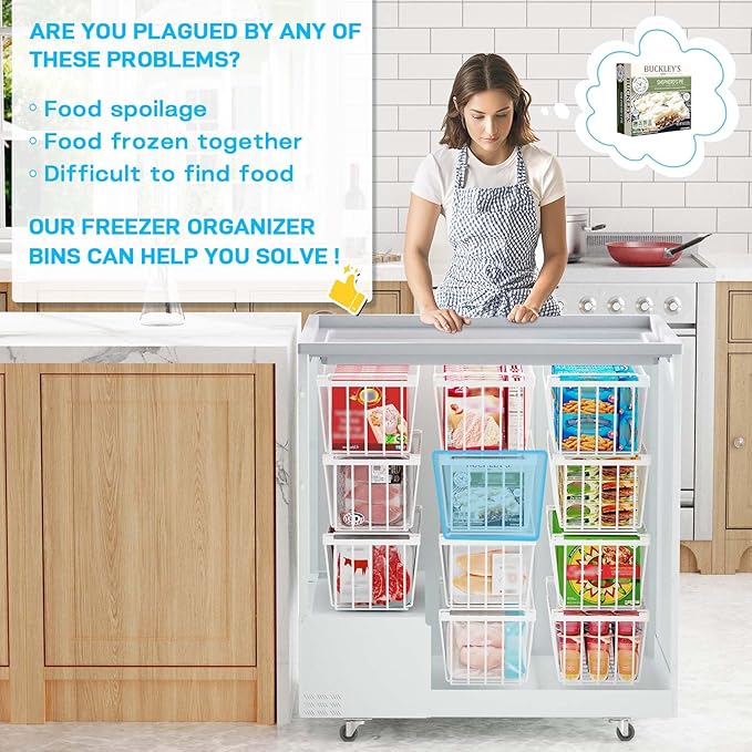 SUNALLY Freezer Organizer Bins, 8 Pack Chest Freezer Organizer Stackable for 5-7 Cu.FT Deep Freezer Sort Frozen Meats and Food, Freezer Storage Baskets with Handles Easy Reach from Bottom, White