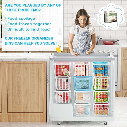 SUNALLY Freezer Organizer Bins, 8 Pack Chest Freezer Organizer Stackable for 5-7 Cu.FT Deep Freezer Sort Frozen Meats and Food, Freezer Storage Baskets with Handles Easy Reach from Bottom, White