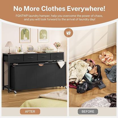 Laundry Sorter, Rolling Laundry Hamper with 5 Section Pul-Out Bags, Laundry Basket Organizer with 4 Drawers, Laundry Hamper with Wheels for Laundry Room Organization, Bathroom, Bedroom