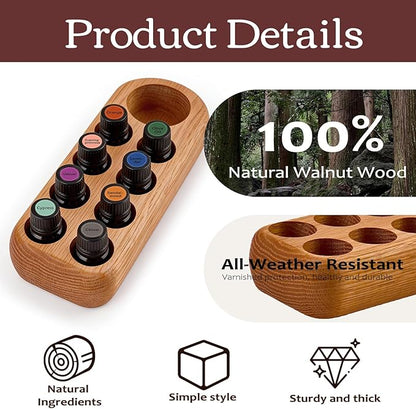 RoseFlower Wooden Essential Oil Display Storage Organizer Holder Stand - 9 Slots Red Oak Wood Rack - Holds up to 9 Aromatherapy Bottles - Ideal Gift Presentation Shelf