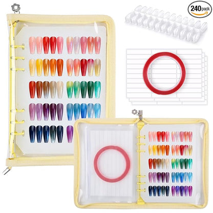 Segbeauty Nail Polish Display Storage with A5 Zipper Binder, Press on Nails Sample Swatches with 240 Fake Nail Tips, Nails Color Sample Book with Adhesive Tape, Manicure Salon Art Accessories, Yellow