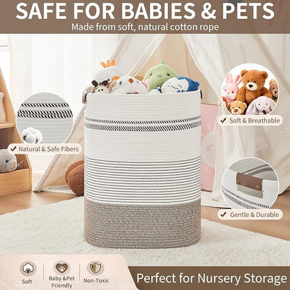 AINUOQI Laundry Hamper - Tall Woven Rope Laundry Basket - Clothes hamper with Leather Handles, 17" X 13.8" X 22", Blanket Storage Basket for Living Room, Rice Brown & White