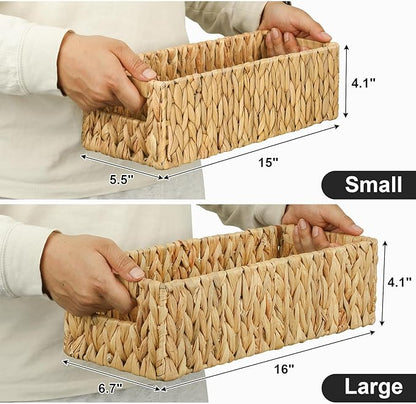 Graciadeco Nesting Small Wicker Basket, Water Hyacinth Toilet Paper Baskets Bathroom Organizer Woven Long Narrow Baskets for Organizing Pantry Bathroom Toilet Tank, 2 Pack