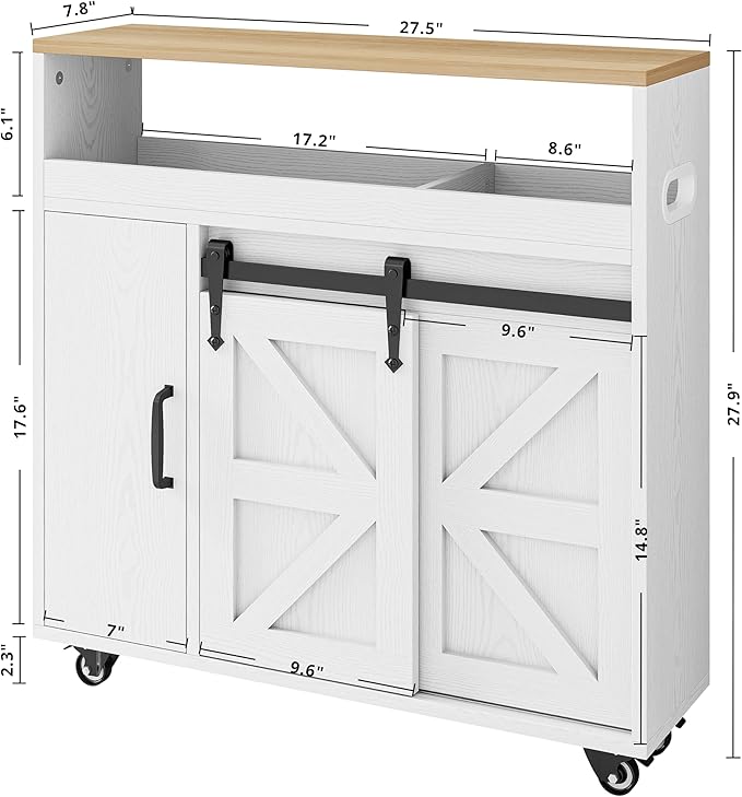 IRONCK Toilet Paper Cabinet, Slim Bathroom Cabinet with 4 Rolling Wheels, Farmhouse Slim Storage Cart with Paper Holes, Sliding Doors and Adjustable Shelf for Small Space, White/Natural