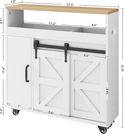 IRONCK Toilet Paper Cabinet, Slim Bathroom Cabinet with 4 Rolling Wheels, Farmhouse Slim Storage Cart with Paper Holes, Sliding Doors and Adjustable Shelf for Small Space, White/Natural