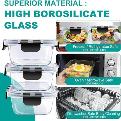 3 Pack Bariatric Meal Prep Containers, 8 oz Glass Bowls for Portion Control, Reusable Glass Lunch Box Bento Snack Food Containers with BPA Free Airtight Lids, Bariatric Must Haves