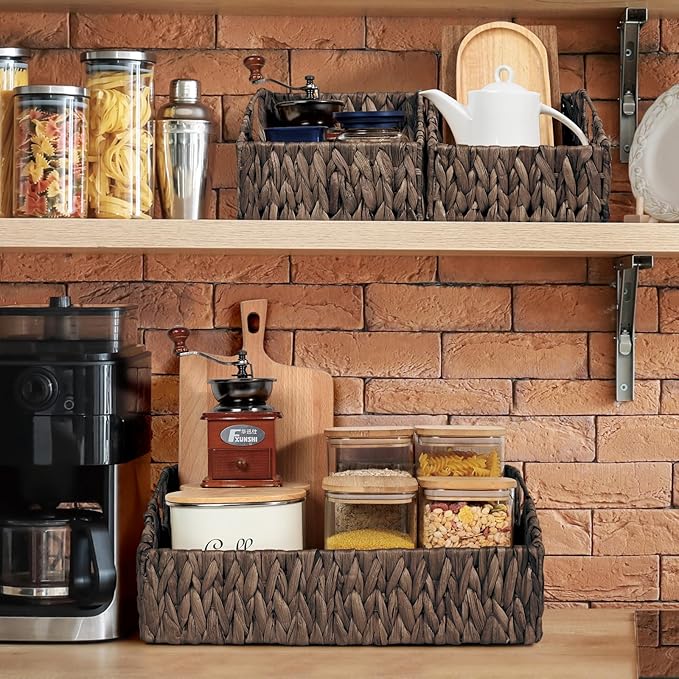 Rattan Storage Baskets, Handwoven Wicker Storage Bins with Built-in Handles, Storage Container Baskets for Shelves, Bedroom, Bathroom, Laundry Room or Kitchen(Black)