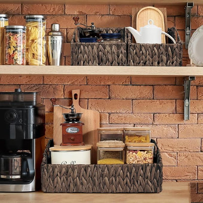 Rattan Storage Baskets, Handwoven Wicker Storage Bins with Built-in Handles, Storage Container Baskets for Shelves, Bedroom, Bathroom, Laundry Room or Kitchen(Black)
