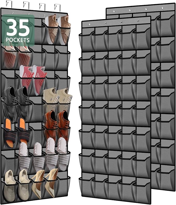 PAULONE 35 Pocket Over the Door Shoe Organizer,Reusable Breathable Large Mesh Bag Men's & Women's Sneaker Organizer,Shoe Organizer for Kids,Hanging Shoe Storage Hanging Bag (2PCS-Gray)