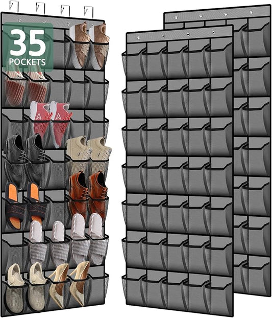 PAULONE 35 Pocket Over the Door Shoe Organizer,Reusable Breathable Large Mesh Bag Men's & Women's Sneaker Organizer,Shoe Organizer for Kids,Hanging Shoe Storage Hanging Bag (2PCS-Gray)