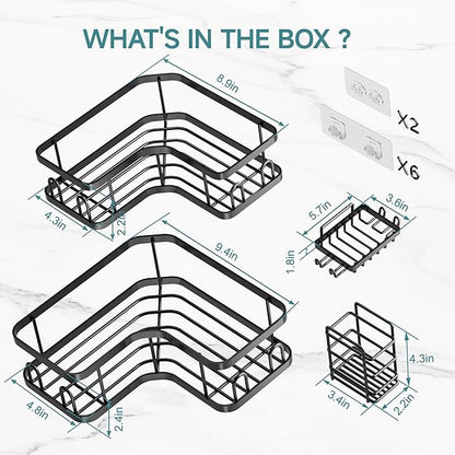 Veken Corner Shower Caddy 4-Pack, Advanced Rustproof Design, No Drilling Adhesive Shelves, Rack with Soap Holder, Large Capacity Bathroom Organizers and Storage, Wall-Mounted Kitchen&Home Decor,Black