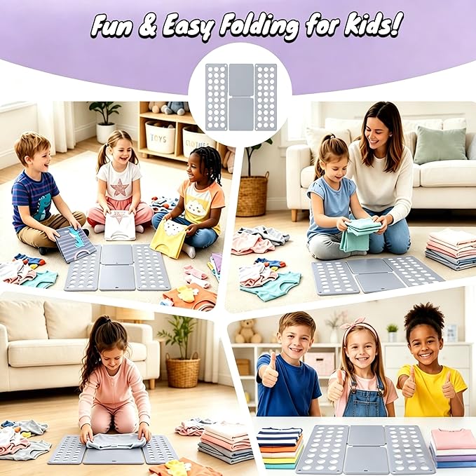 Toddler Shirt Folding Board (Ages 1–7) – Build Independence & Fine Motor Skills, Mini Kids Clothes Folding Board & Shirt Folder, Portable Laundry Organizer for Small Sizes (Grey)