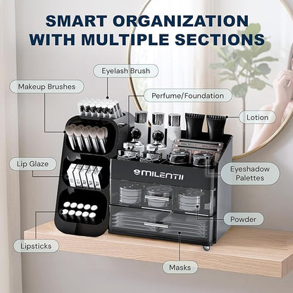 Makeup Organizer with Drawers, Large Capacity Cosmetic & Skincare Storage Box, Countertop Vanity Organizer for Bathroom, Bedroom & Dresser, ABS Plastic Makeup Storage Organizer, Black