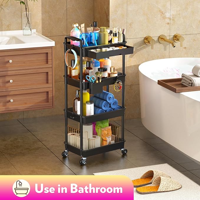 SUNALLY Makeup Cart Organizer with Drawers, 4 Tier Floor Skincare Organizers for Vanity, Rolling Makeup Bathroom Storage Cart Cosmetics Display Cases for Skin Care Perfume Nail Polish, Black