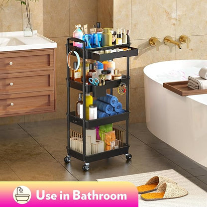 SUNALLY Makeup Cart Organizer with Drawers, 4 Tier Floor Skincare Organizers for Vanity, Rolling Makeup Bathroom Storage Cart Cosmetics Display Cases for Skin Care Perfume Nail Polish, Black