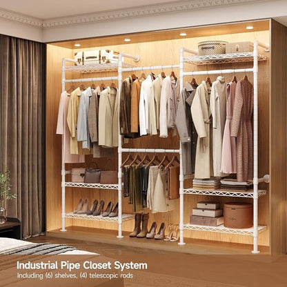 Wall-Mounted 3-Section Closet System, Expandable Industrial Pipe Clothing Rack with 4 Telescopic Rods & 6 Mesh Shelves, Heavy Duty Garment Organizer for Walk-In Closets & Bedrooms, White
