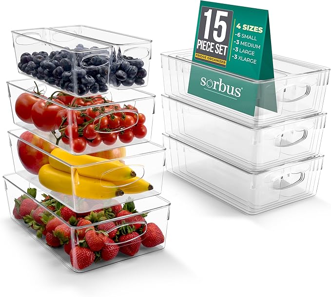 Sorbus Variety 15-Pack Clear Plastic Organizing Bins – Clear Bins for Organizing, Refrigerator Organizers, Fridge Organizer, Pantry Storage, Kitchen Organizer, and Pantry Organizers and Storage Bins