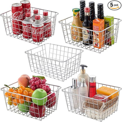 JUNCHU CHERRY Wire Kitchen Storage Basket 5 Packs,Perfect Pantry Organization Accessories Baskets,Laundry Basket,Countertop Organization,Suitable for Kitchen,bathroom,bedroom,Tabletop,Stackable,Chrome