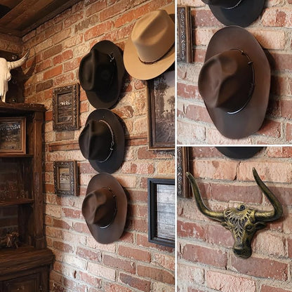 Cowboy Hat Rack 4 Pack Cast Iron Cowboy Hat Holder Cowgirl Hat Hanger Western Wall Decor Longhorn Decorative Wall Hooks for Storage and Organization at Closet Bedroom Antique Gold