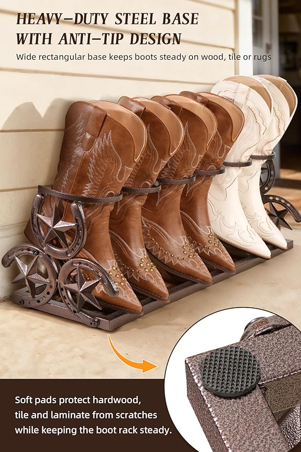 Western Horseshoe Boot Rack, 3 Pairs Freestanding Metal Boot Stand, Adjustable Cowboy Boot Organizer with Texas Star Ends for Entryway Bedroom Living Room Decor, Gift for Cowboy Boot Lovers, Bronze