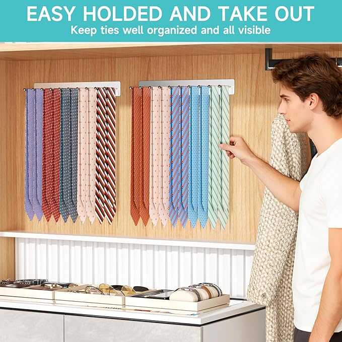 Tie Rack Wall Mounted, Tie Holder Organizer, Closet Ties Organizer Stainless Steels, Adhesive Ties Racks for Men With 20 Hooks, Hanger Storage for Wall Bedroom Living Room Dresser Room (Sliver)