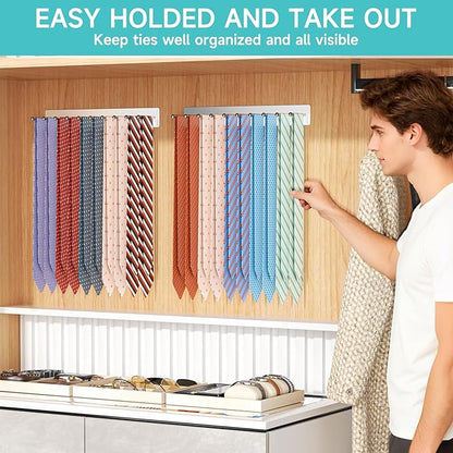 Tie Rack Wall Mounted, Tie Holder Organizer, Closet Ties Organizer Stainless Steels, Adhesive Ties Racks for Men With 20 Hooks, Hanger Storage for Wall Bedroom Living Room Dresser Room (Sliver)