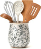 Utensil Holder for Kitchen Counter, Modern Farmhouse Cooking Utensil Holder and Crock Home Kitchen Decor, Ceramic Utensil Organizer for Spatula, Ladle, Eggbeater, Rolling Pin- Gray Flower Patterns