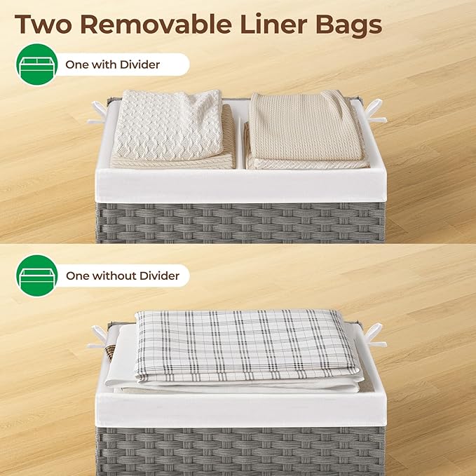 GREENSTELL Storage Basket with Lid, 27.7 Gallon(105L) Lagre Wicker Blanket Storage Basket with Handles, Foldable, 2 Removable Liner Bags, Metal Frame, for Bedroom, Laundry Room, Grey,25.6"*15.7"*15.7"
