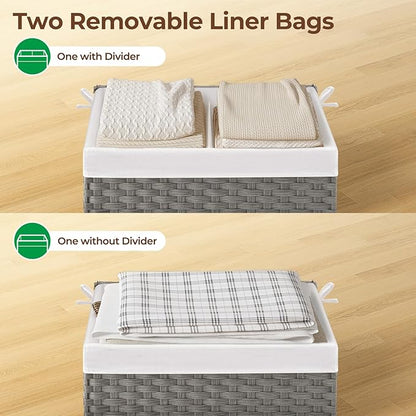 GREENSTELL Storage Basket with Lid, 27.7 Gallon(105L) Lagre Wicker Blanket Storage Basket with Handles, Foldable, 2 Removable Liner Bags, Metal Frame, for Bedroom, Laundry Room, Grey,25.6"*15.7"*15.7"